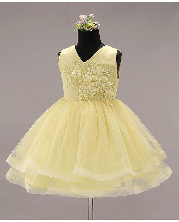 Babyhug Party Wear Sleeveless Frock Floral Appliques - Light Yellow