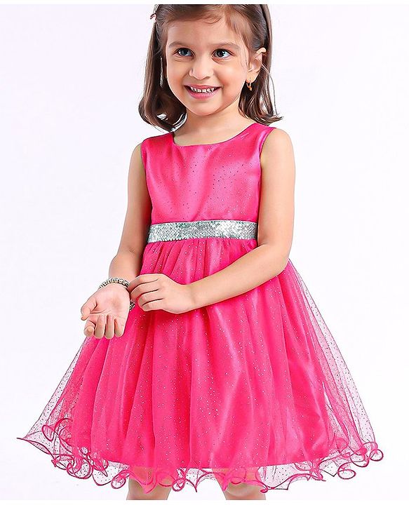 Babyhug Sleeveless Party Wear Frock With Foil Print - Fuschia