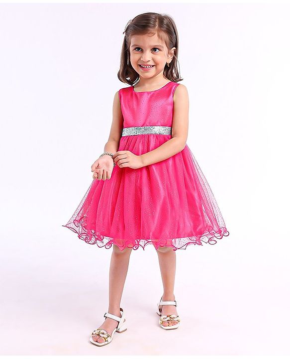 Babyhug Sleeveless Party Wear Frock With Foil Print - Fuschia
