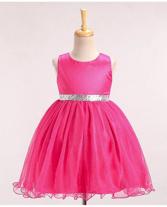 Babyhug Sleeveless Party Wear Frock With Foil Print - Fuschia