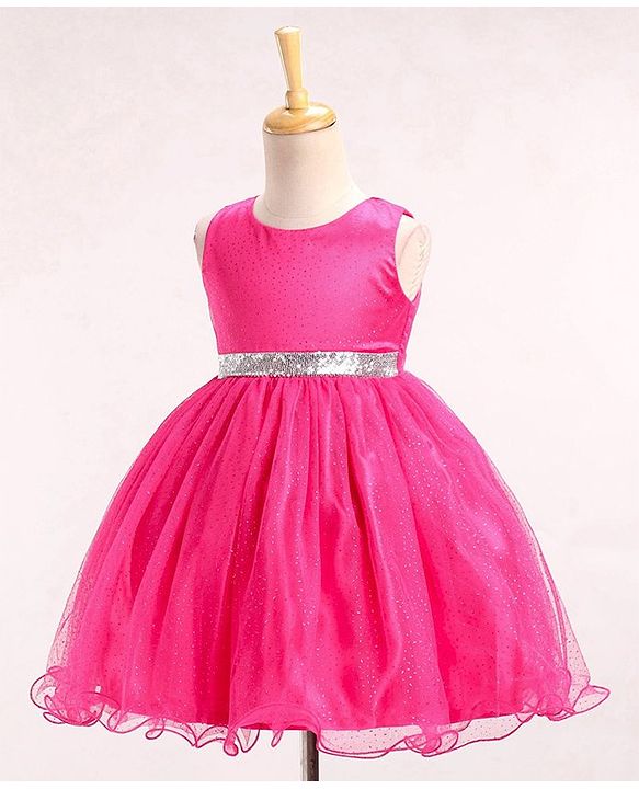 Babyhug Sleeveless Party Wear Frock With Foil Print - Fuschia