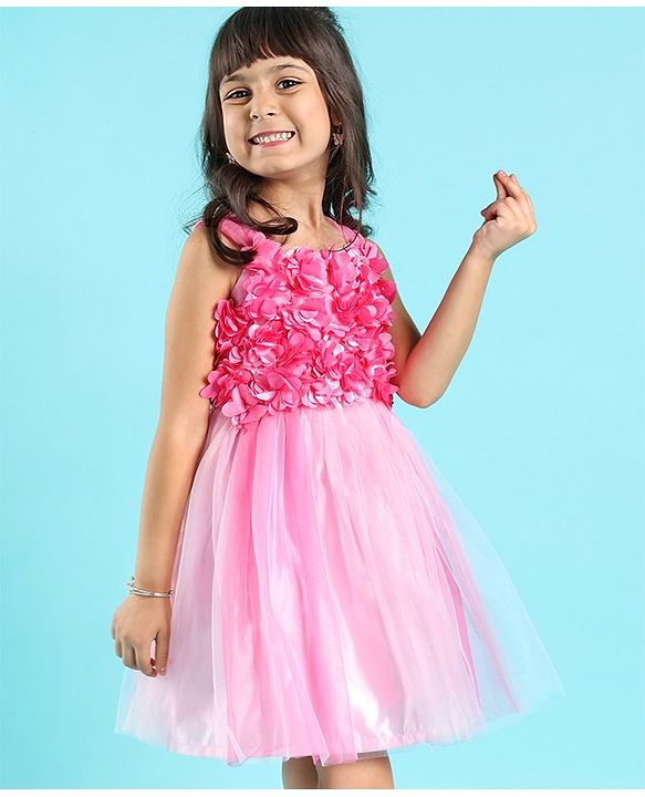Babyhug Sleeveless Party Wear Frock With Floral Applique- Pink
