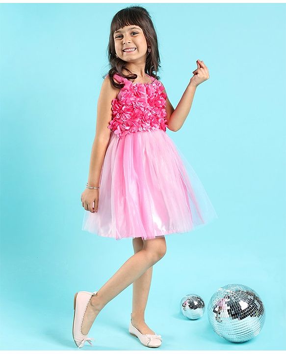 Babyhug Sleeveless Party Wear Frock With Floral Applique- Pink