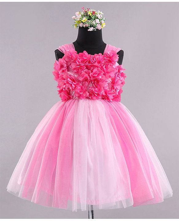 Babyhug Sleeveless Party Wear Frock With Floral Applique- Pink