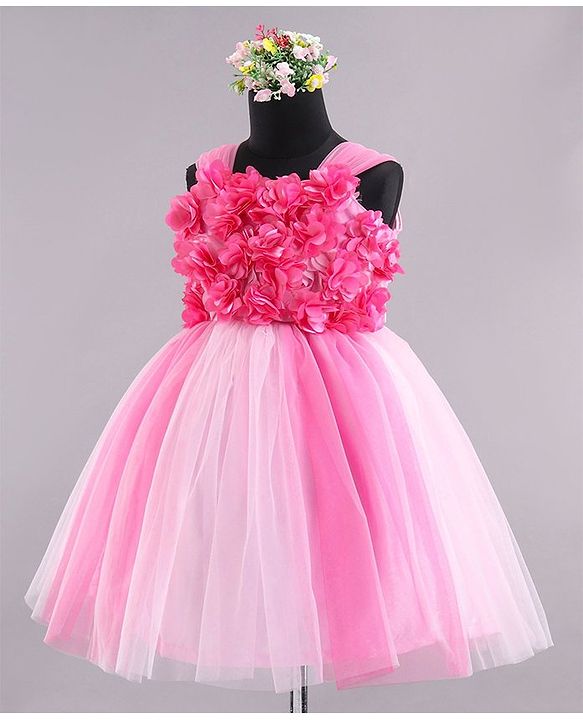 Babyhug Sleeveless Party Wear Frock With Floral Applique- Pink