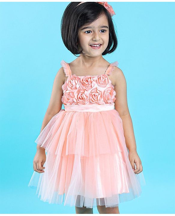 Babyhug Sleeveless Party Wear Tulle Frock With Roses Applique- Peach