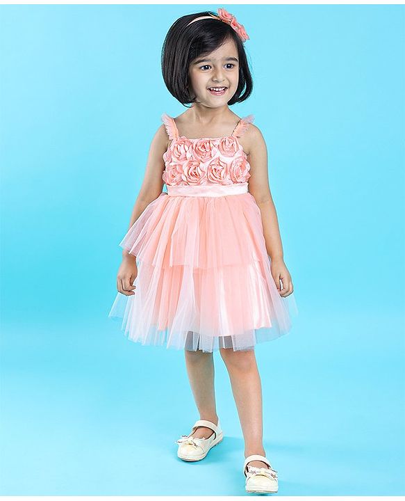 Babyhug Sleeveless Party Wear Tulle Frock With Roses Applique- Peach