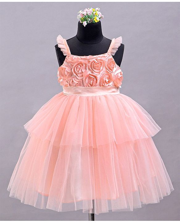 Babyhug Sleeveless Party Wear Tulle Frock With Roses Applique- Peach