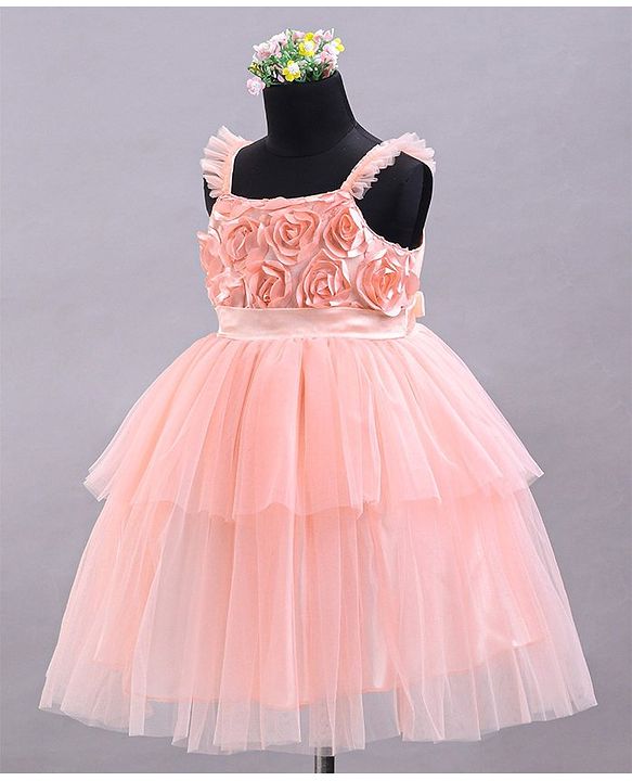 Babyhug Sleeveless Party Wear Tulle Frock With Roses Applique- Peach