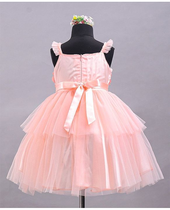 Babyhug Sleeveless Party Wear Tulle Frock With Roses Applique- Peach