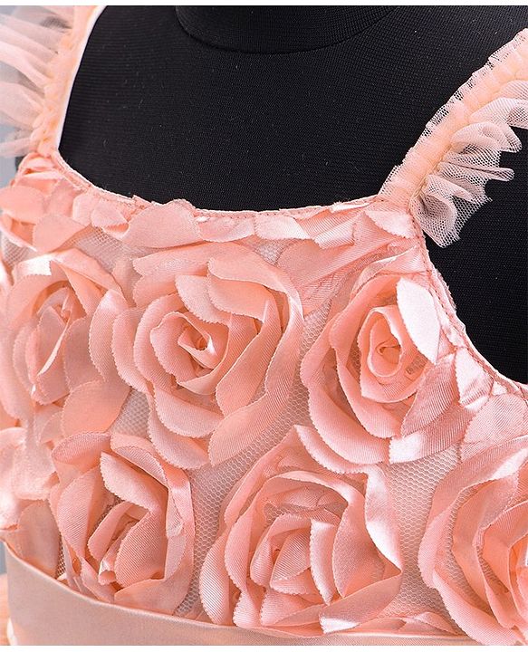 Babyhug Sleeveless Party Wear Tulle Frock With Roses Applique- Peach