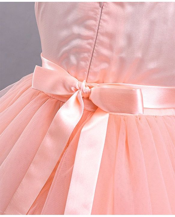Babyhug Sleeveless Party Wear Tulle Frock With Roses Applique- Peach