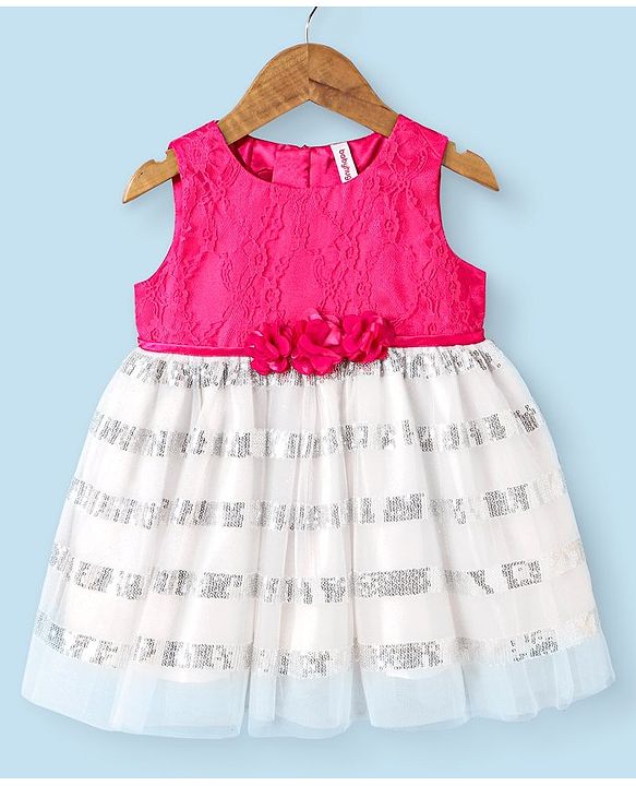 Babyhug Sleeveless Floral Embroidered Sequinned Party Dress with Corsage - White & Pink