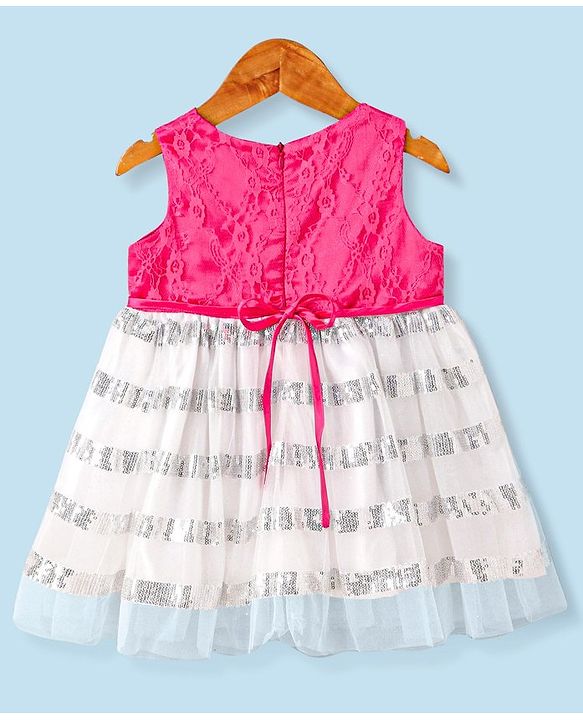 Babyhug Sleeveless Floral Embroidered Sequinned Party Dress with Corsage - White & Pink