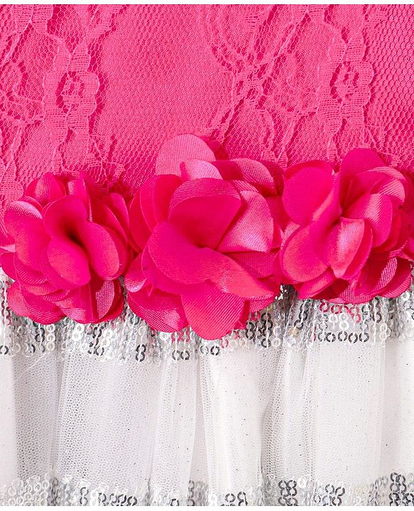 Babyhug Sleeveless Floral Embroidered Sequinned Party Dress with Corsage - White & Pink