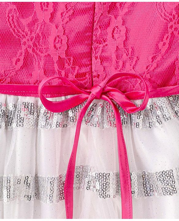 Babyhug Sleeveless Floral Embroidered Sequinned Party Dress with Corsage - White & Pink