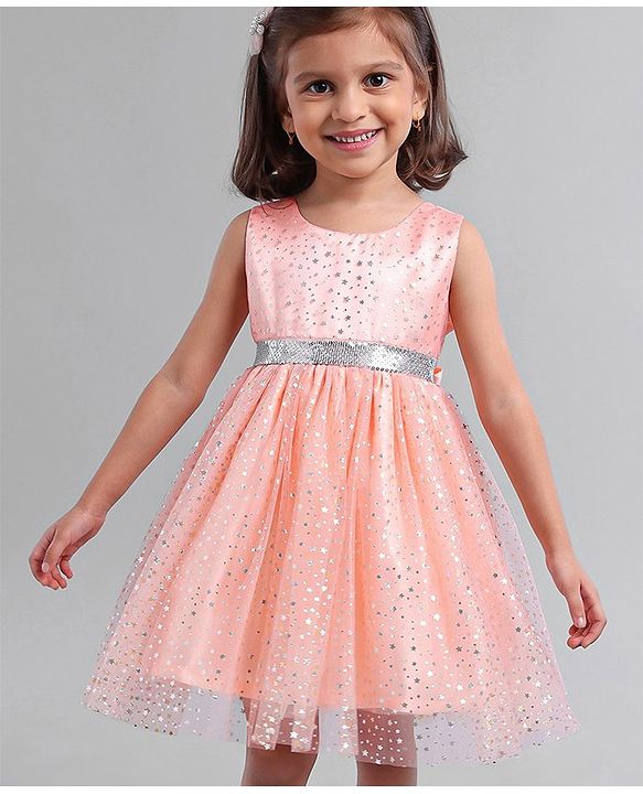 Babyhug Sleeveless Party Wear Frock With Glitter Print - Peach