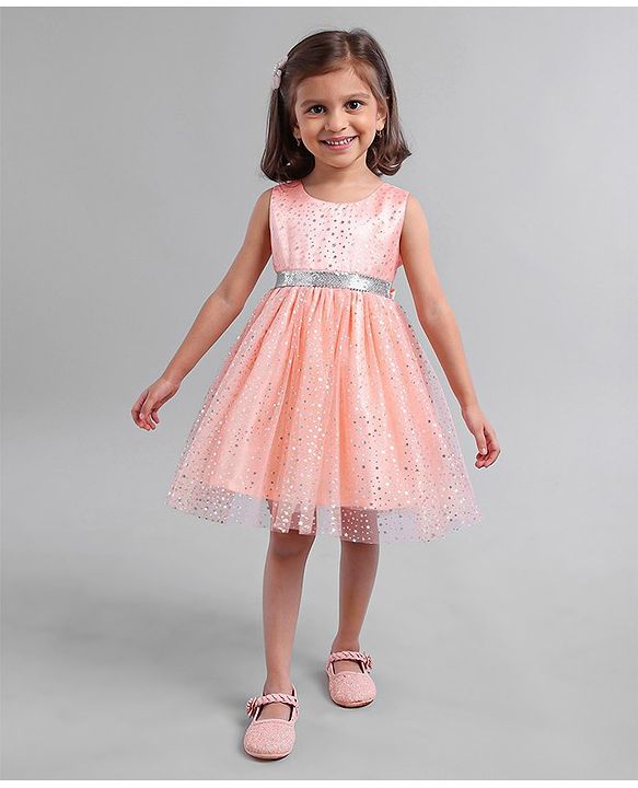 Babyhug Sleeveless Party Wear Frock With Glitter Print - Peach
