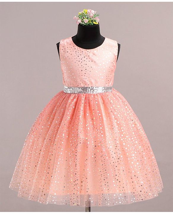 Babyhug Sleeveless Party Wear Frock With Glitter Print - Peach