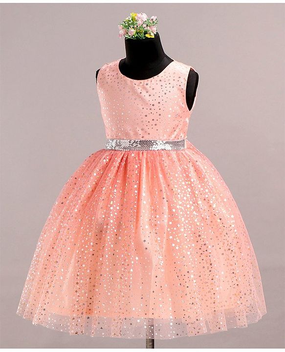 Babyhug Sleeveless Party Wear Frock With Glitter Print - Peach