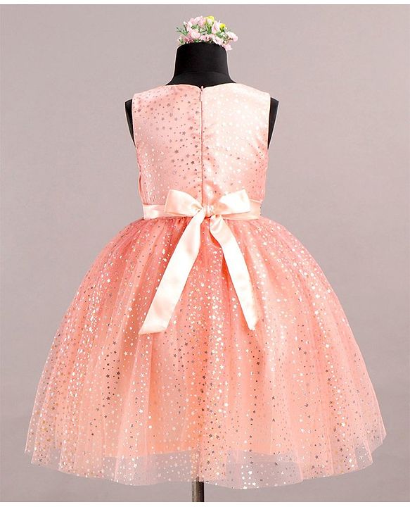 Babyhug Sleeveless Party Wear Frock With Glitter Print - Peach