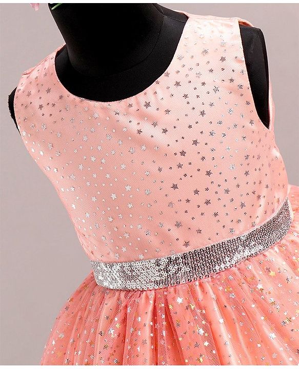 Babyhug Sleeveless Party Wear Frock With Glitter Print - Peach