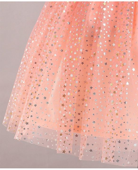 Babyhug Sleeveless Party Wear Frock With Glitter Print - Peach