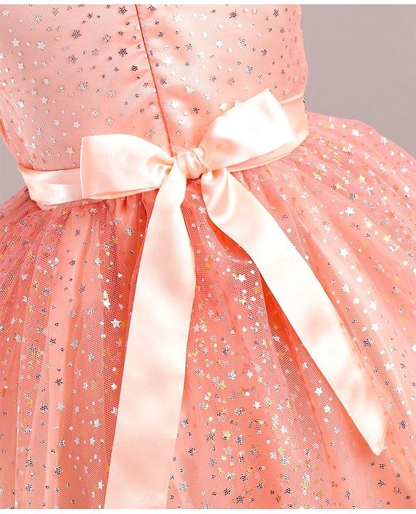 Babyhug Sleeveless Party Wear Frock With Glitter Print - Peach