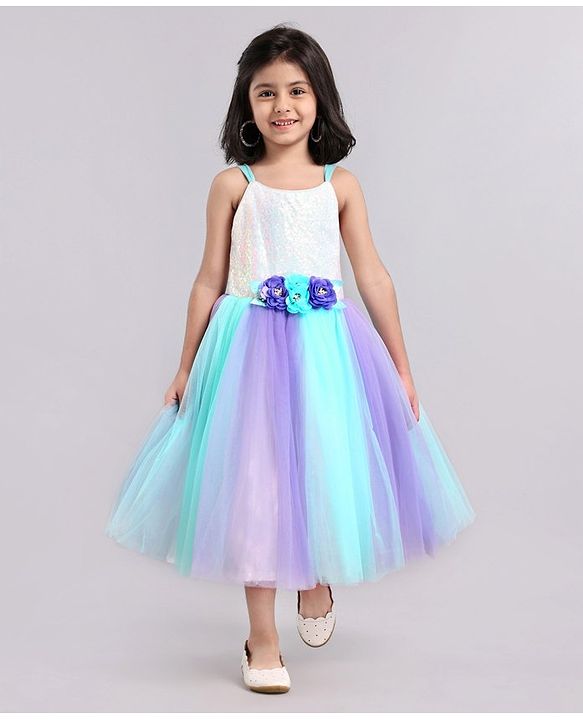 Babyhug Sleeveless Sequinned Party Wear Gown With Flower Applique - Purple