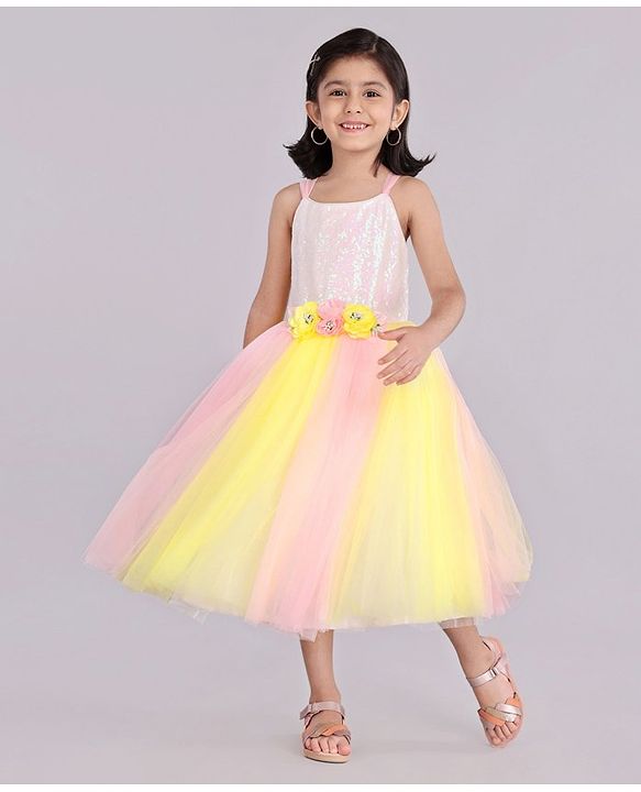 Babyhug Sleeveless Sequinned Party Wear Frock With Flower Applique - Pink