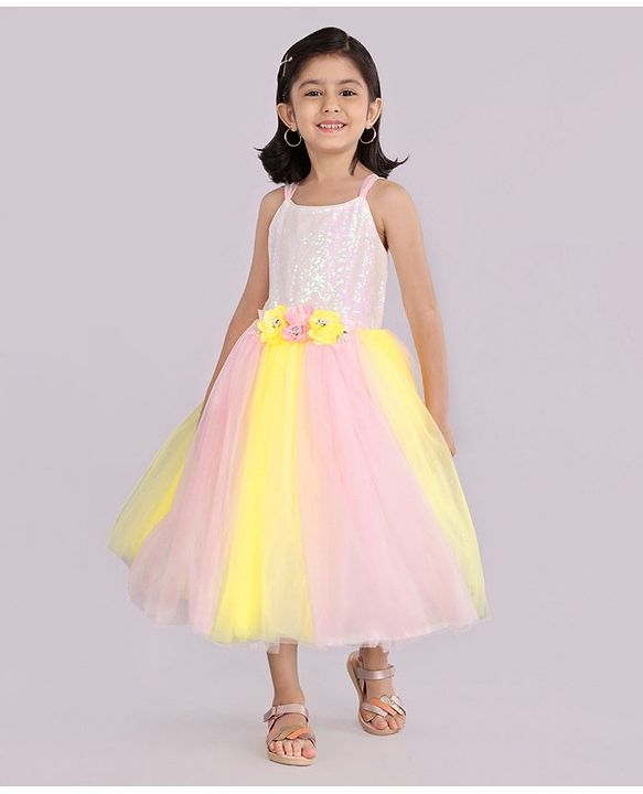 Babyhug Sleeveless Sequinned Party Wear Frock With Flower Applique - Pink