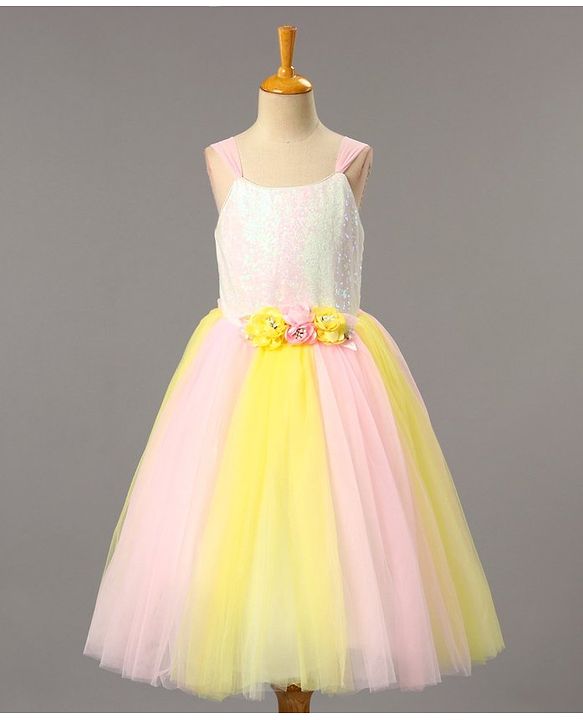 Babyhug Sleeveless Sequinned Party Wear Frock With Flower Applique - Pink