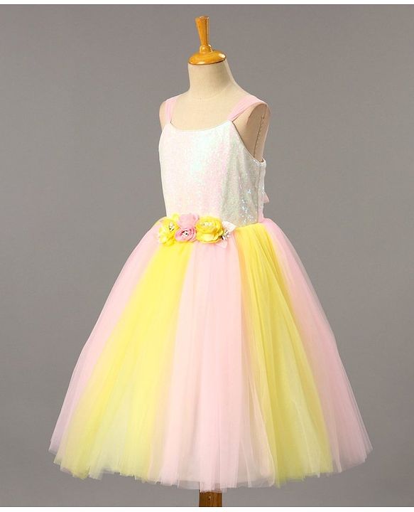 Babyhug Sleeveless Sequinned Party Wear Frock With Flower Applique - Pink