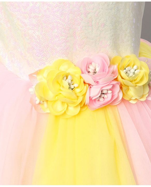 Babyhug Sleeveless Sequinned Party Wear Frock With Flower Applique - Pink