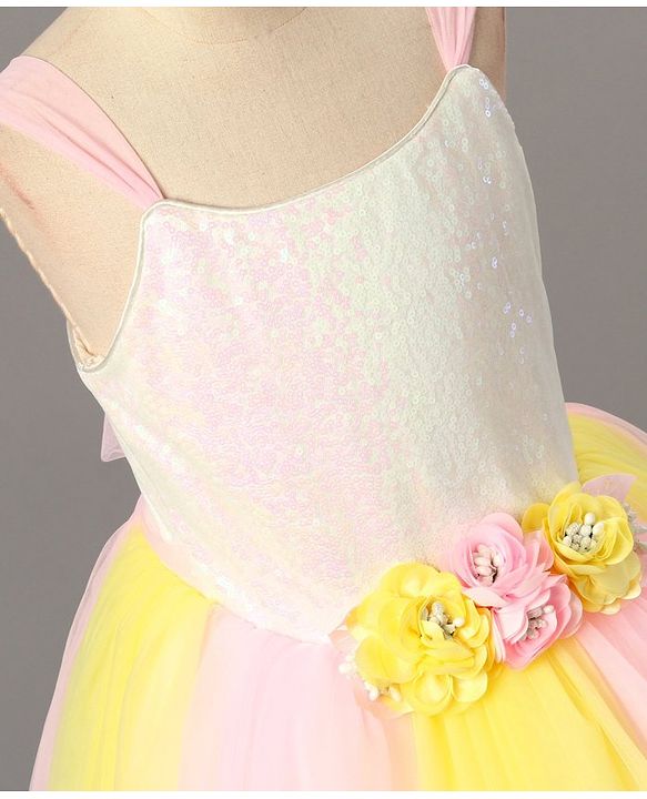 Babyhug Sleeveless Sequinned Party Wear Frock With Flower Applique - Pink