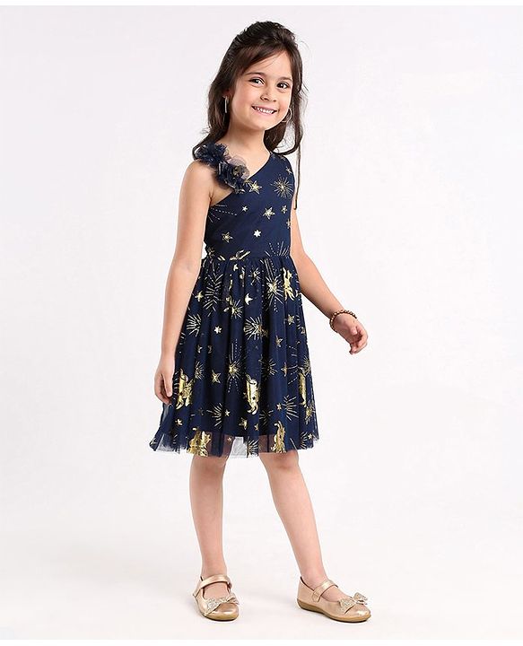 Babyhug Sleeveless Foil Detailing Party Frock - Navy