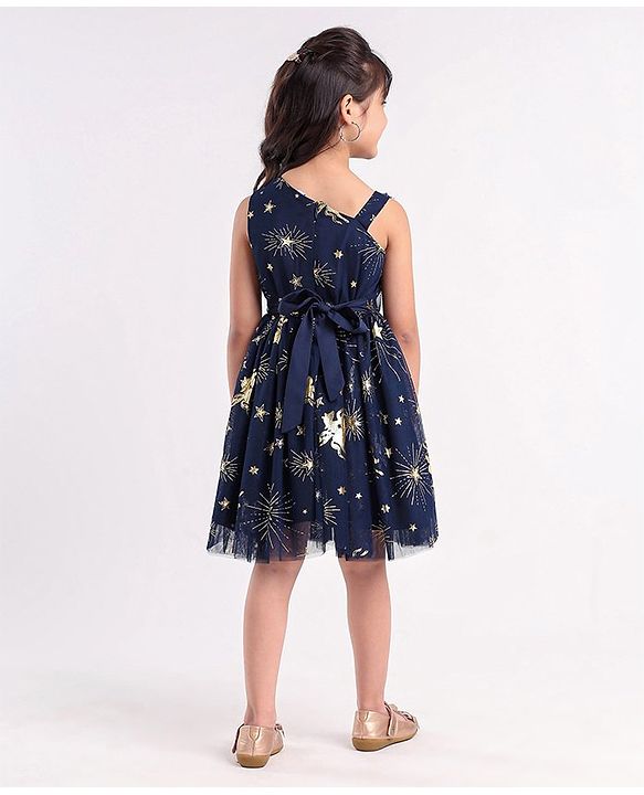 Babyhug Sleeveless Foil Detailing Party Frock - Navy