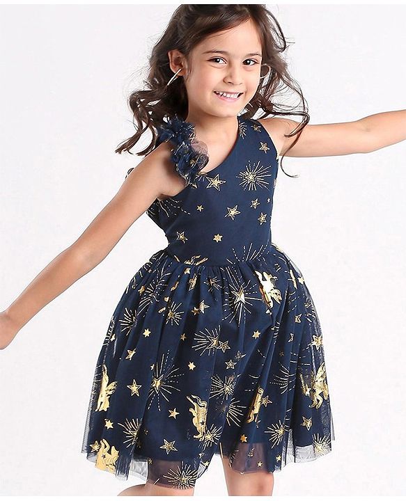 Babyhug Sleeveless Foil Detailing Party Frock - Navy