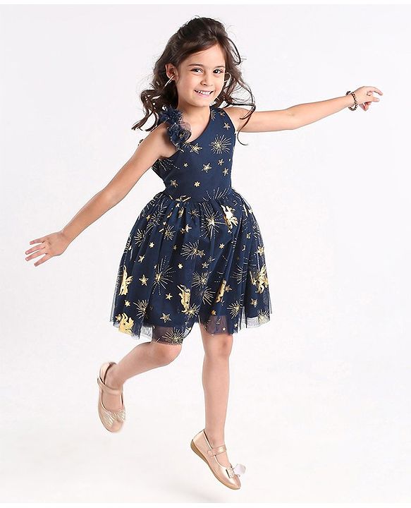 Babyhug Sleeveless Foil Detailing Party Frock - Navy