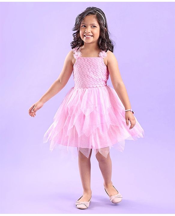 Babyhug Sleeveless Party Wear Frock Floral Embroidery & Glitter Print- Light Pink
