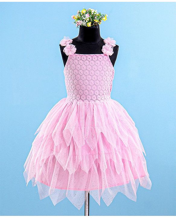 Babyhug Sleeveless Party Wear Frock Floral Embroidery & Glitter Print- Light Pink