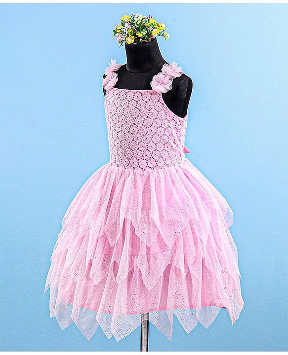 Babyhug Sleeveless Party Wear Frock Floral Embroidery & Glitter Print- Light Pink