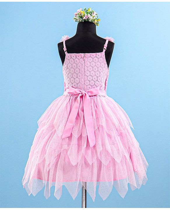 Babyhug Sleeveless Party Wear Frock Floral Embroidery & Glitter Print- Light Pink
