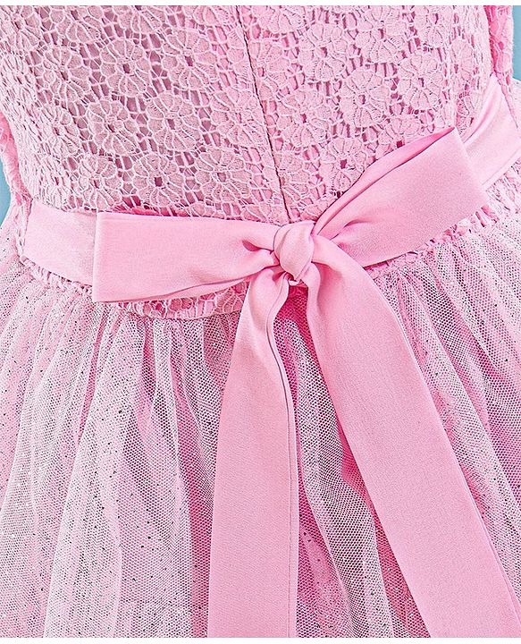 Babyhug Sleeveless Party Wear Frock Floral Embroidery & Glitter Print- Light Pink