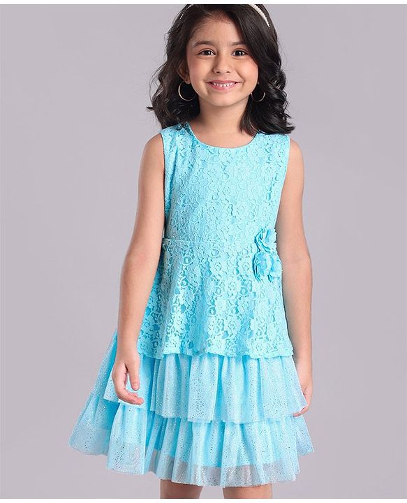Babyhug Mesh Sleeveless Embroidery Frock - Sky Blue