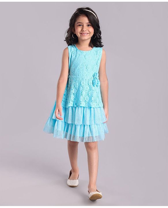 Babyhug Mesh Sleeveless Embroidery Frock - Sky Blue