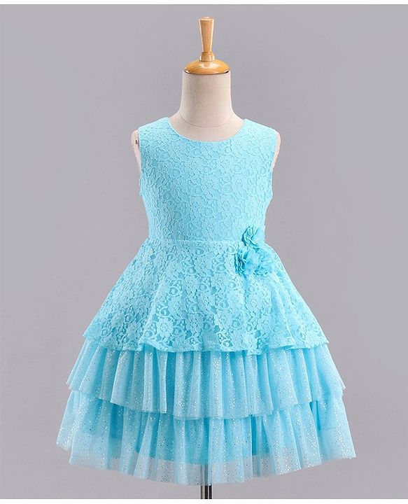Babyhug Mesh Sleeveless Embroidery Frock - Sky Blue