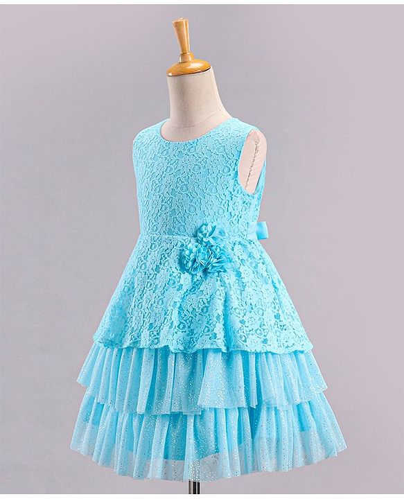 Babyhug Mesh Sleeveless Embroidery Frock - Sky Blue