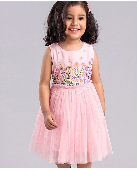 Babyhug Sleeveless Party Frock with Floral Embroidery - Light Pink