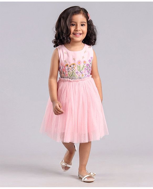 Babyhug Sleeveless Party Frock with Floral Embroidery - Light Pink